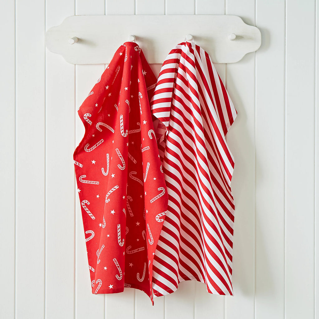 Catherine Lansfield Christmas Candy Cane Cotton Tea Towels 4 Pack in White / Red