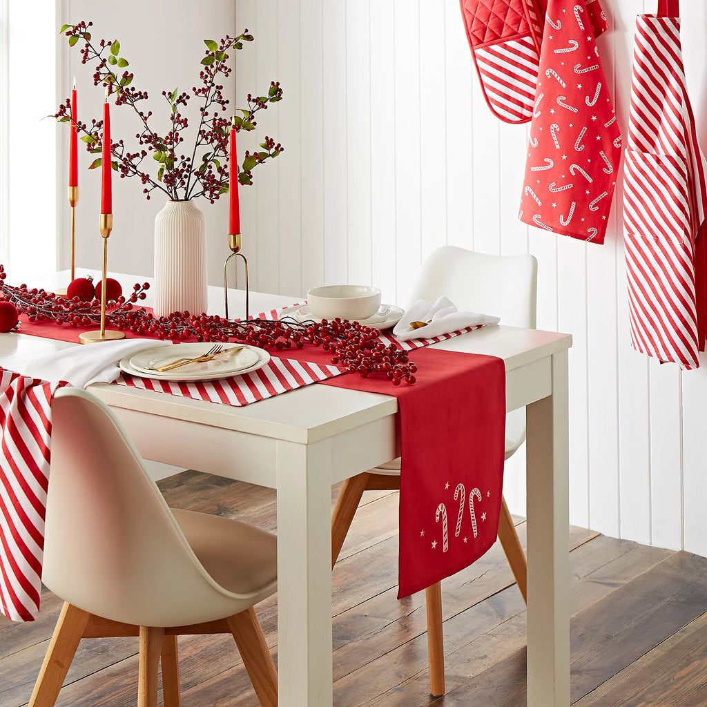 Catherine Lansfield Christmas Candy Cane Embroidered Cotton Table Runner in White / Red 33 x 220cm
