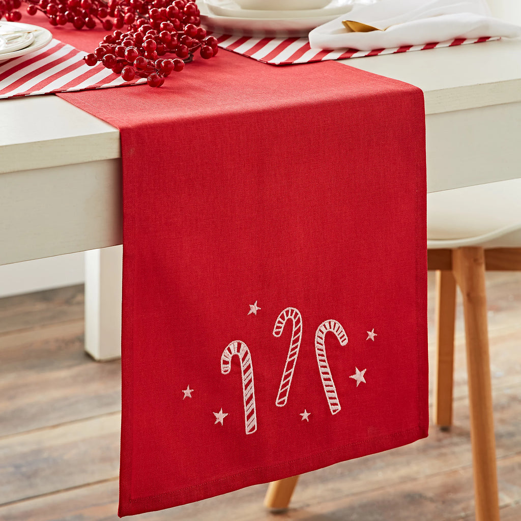 Catherine Lansfield Christmas Candy Cane Embroidered Cotton Table Runner in White / Red 33 x 220cm