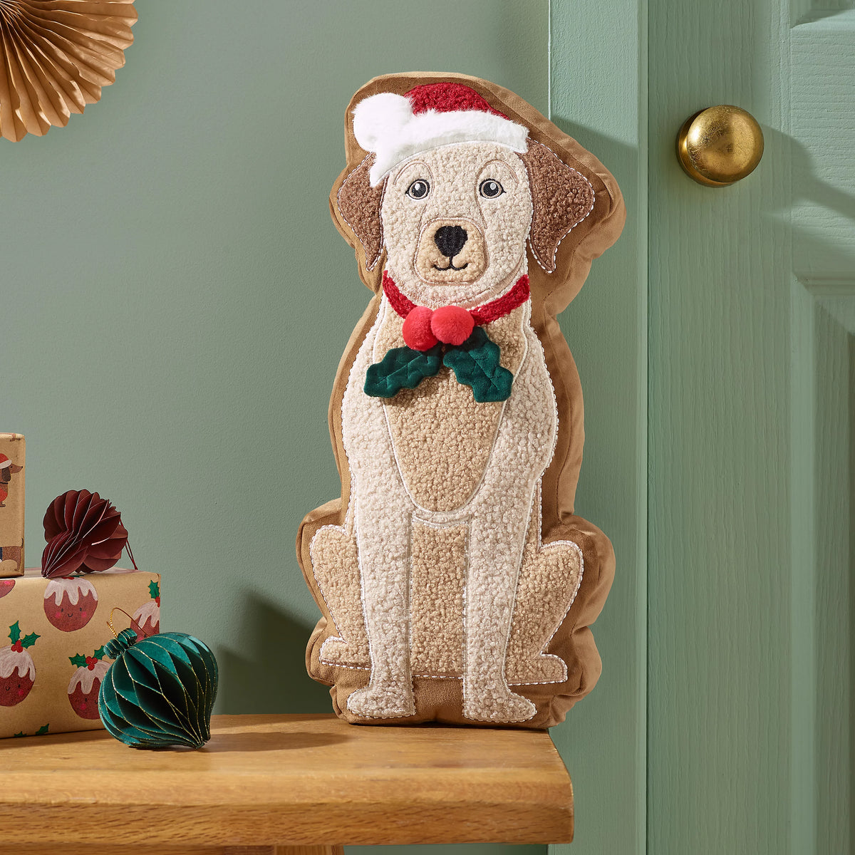 Catherine Lansfield Christmas Dog 3D Shaped Cushion Cream / Red