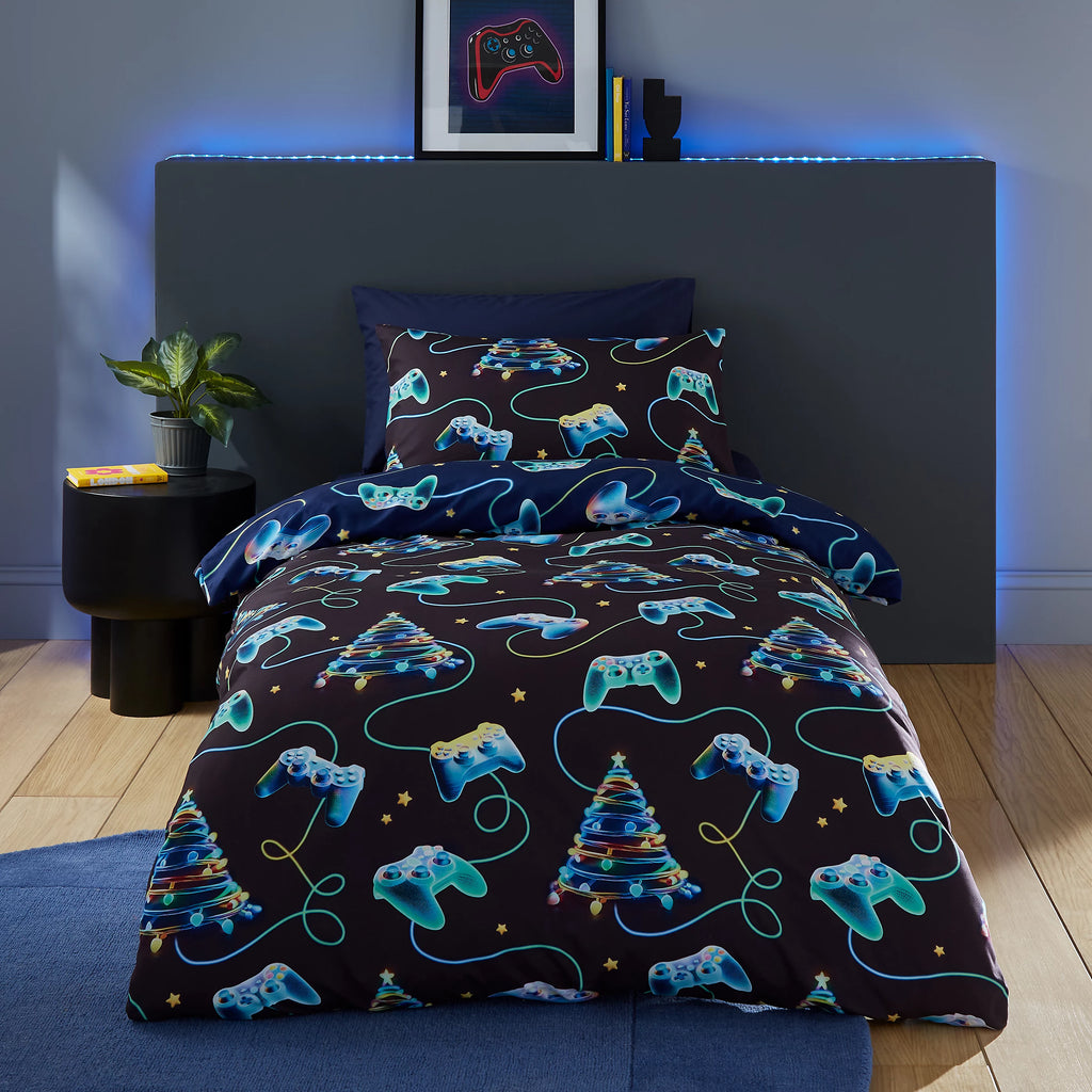 Catherine Lansfield Christmas Gamer Navy Blue Duvet Cover Set