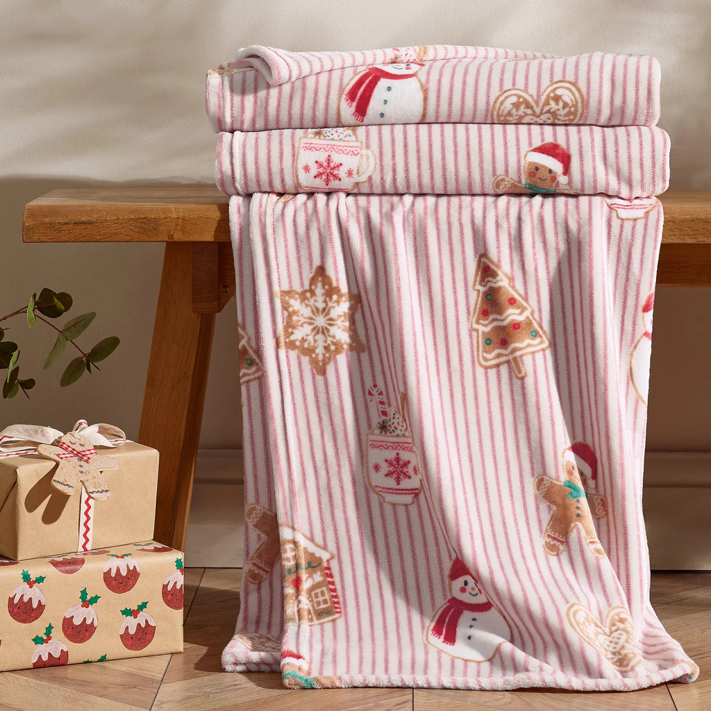 Catherine Lansfield Natural Christmas Gingerbread Stripe Fleece Blanket Throw