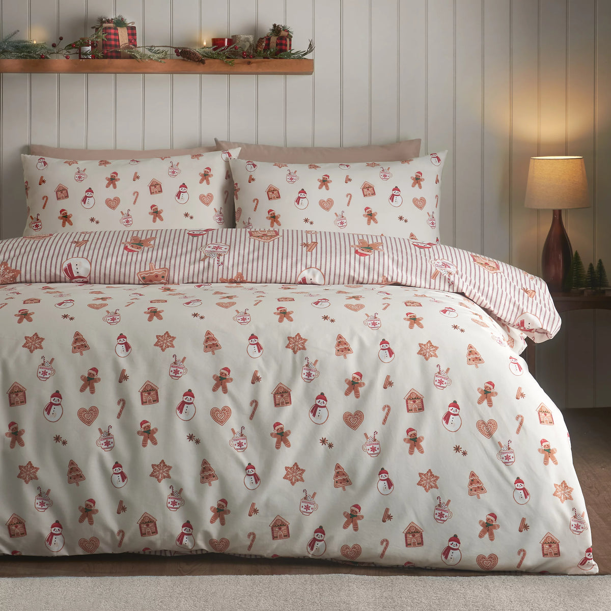 Catherine Lansfield Christmas Gingerbread Stripe Duvet Cover Set