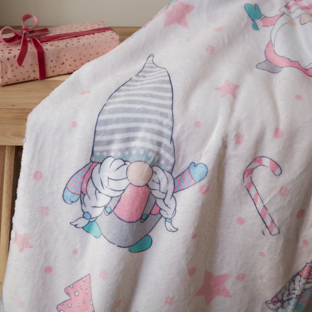 Catherine Lansfield Christmas Gnomes Pink Fleece Throw