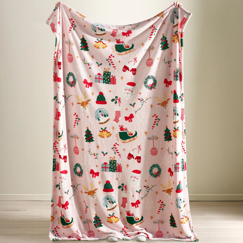 Catherine Lansfield Pink Christmas Happy Holidays Cosy Fleece Blanket Throw