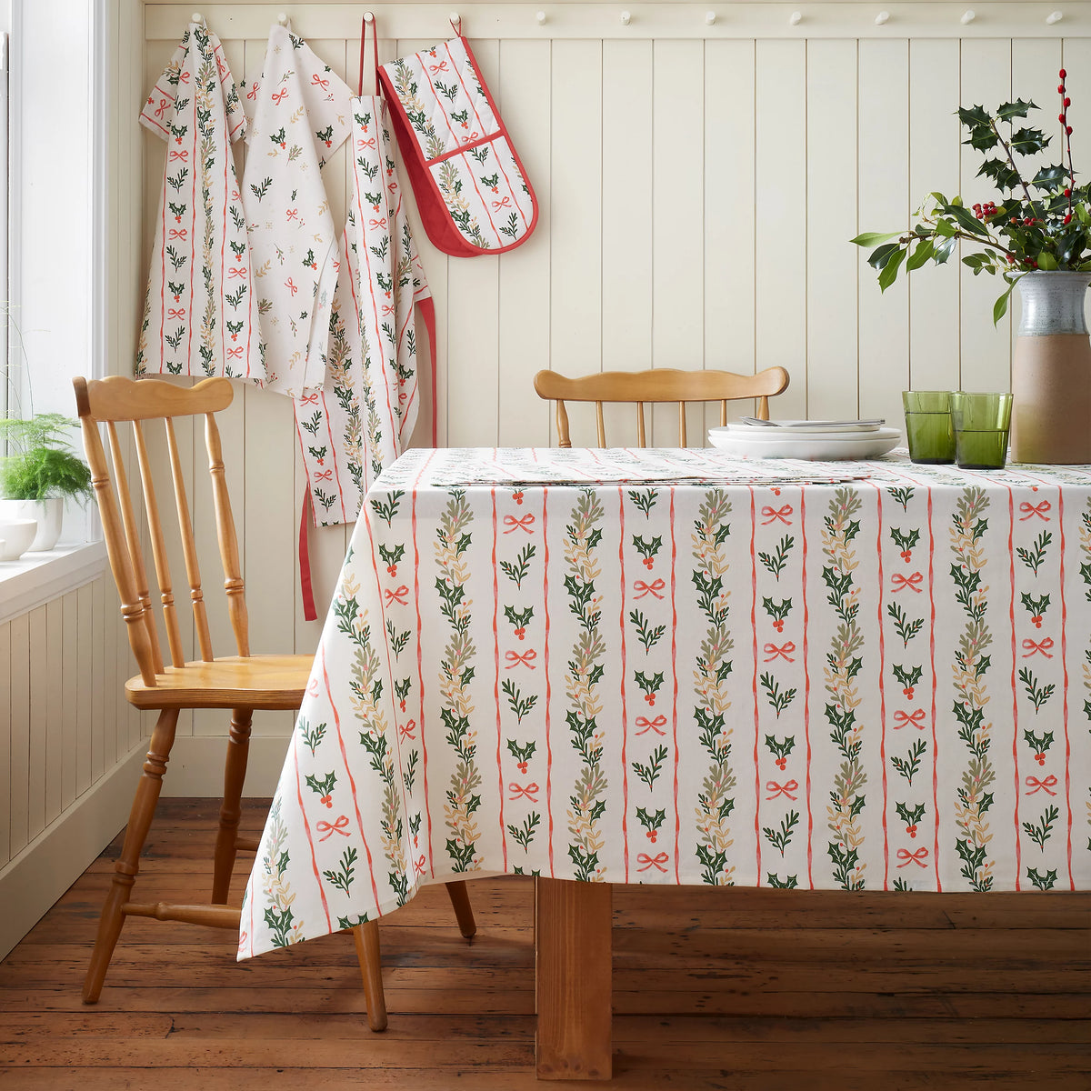 Catherine Lansfield Christmas Holly Stripe Cotton Tablecloth in Cream / Red