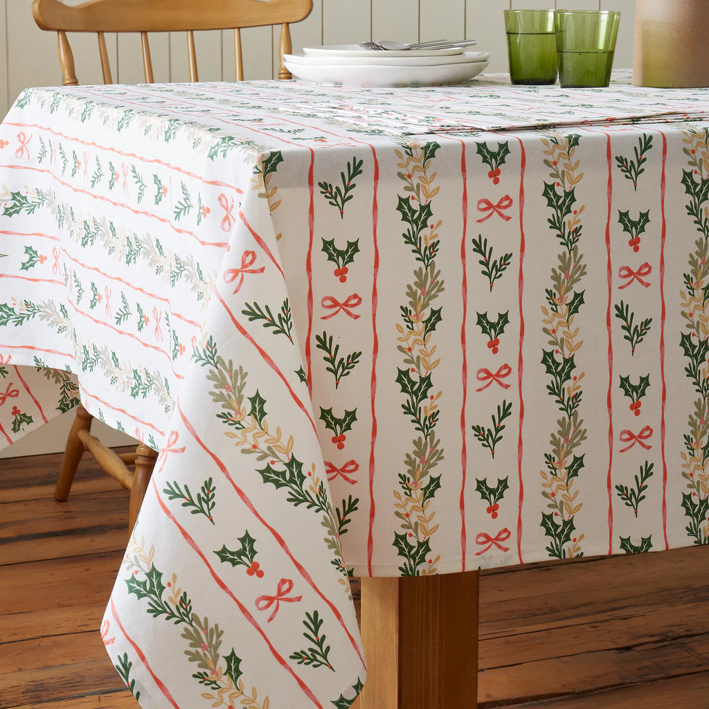 Catherine Lansfield Christmas Holly Stripe Cotton Tablecloth in Cream / Red