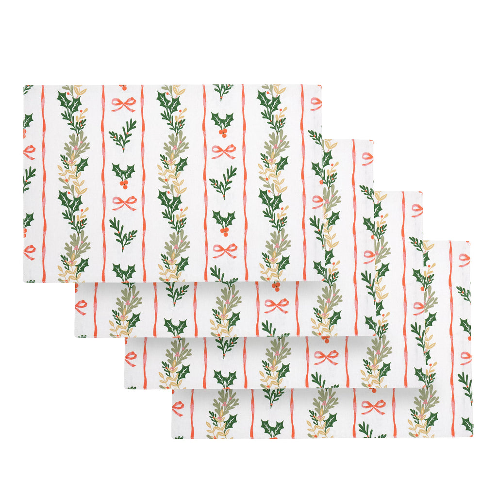 Catherine Lansfield Christmas Holly Stripe Cotton Placemats 4 Pack in Cream / Red