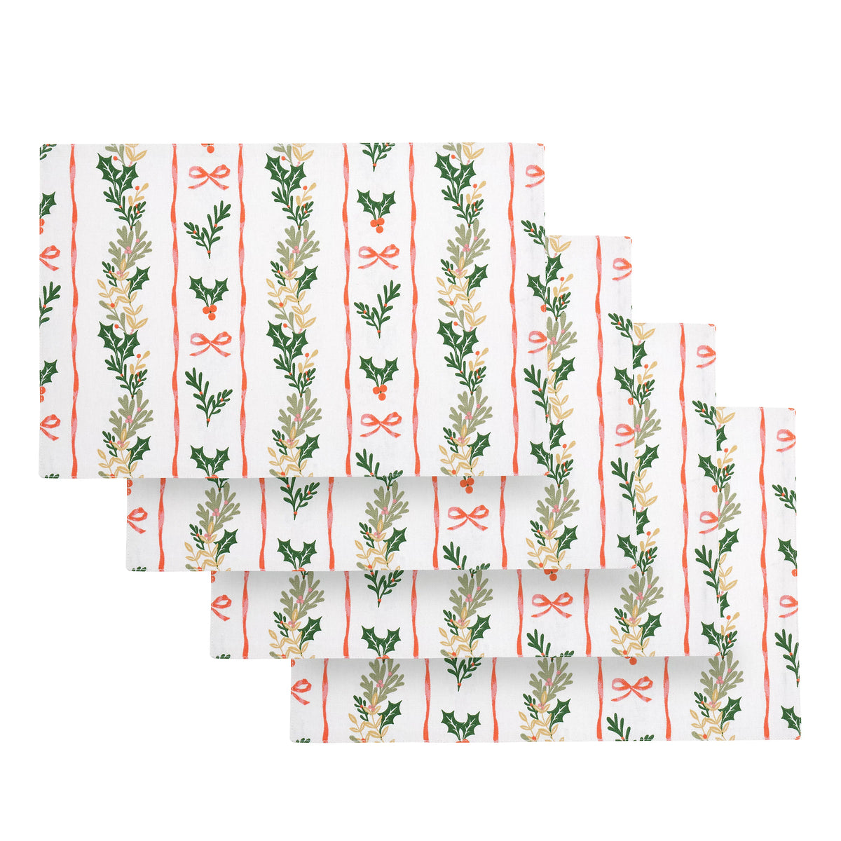 Catherine Lansfield Christmas Holly Stripe Cotton Placemats 4 Pack in Cream / Red