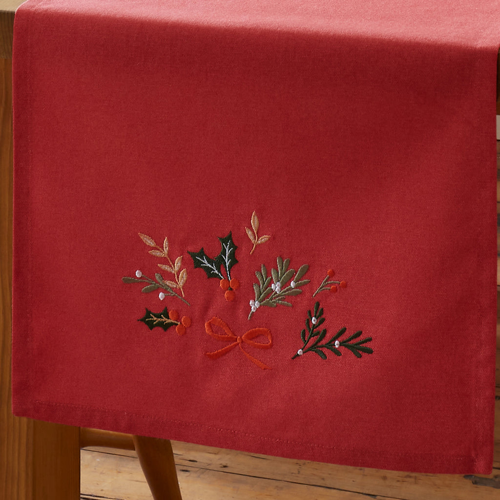Catherine Lansfield Christmas Holly Stripe Embroidered Cotton Table Runner in Cream / Red