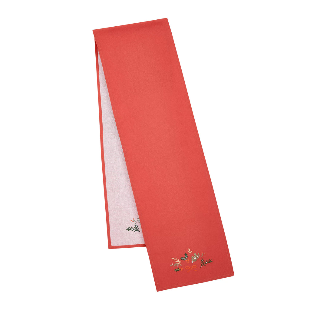 Catherine Lansfield Christmas Holly Stripe Embroidered Cotton Table Runner in Cream / Red