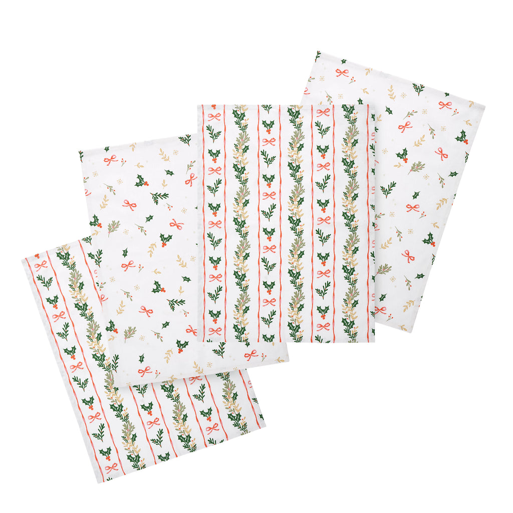 Catherine Lansfield Christmas Holly Stripe Cotton Tea Towels 4 Pack in Cream / Red