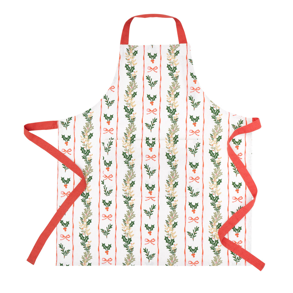 Catherine Lansfield Christmas Holly Stripe Cotton Kitchen Apron in Cream / Red
