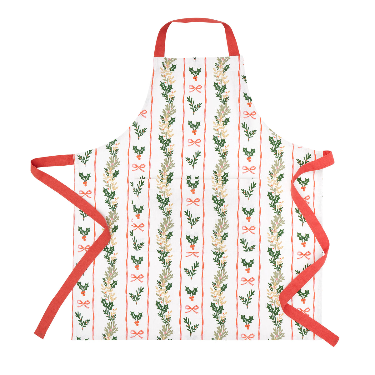 Catherine Lansfield Christmas Holly Stripe Cotton Kitchen Apron in Cream / Red