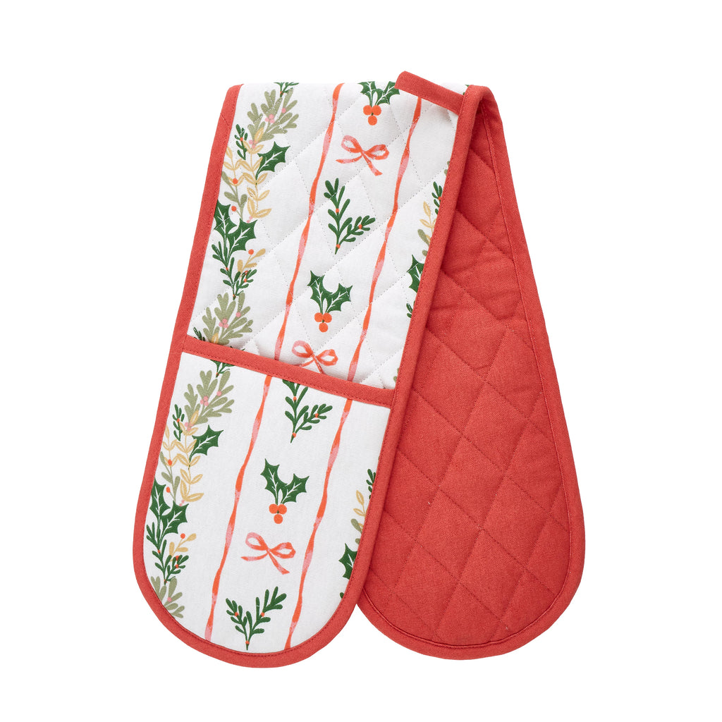 Catherine Lansfield Christmas Holly Stripe Cotton Double Oven Glove in Cream / Red