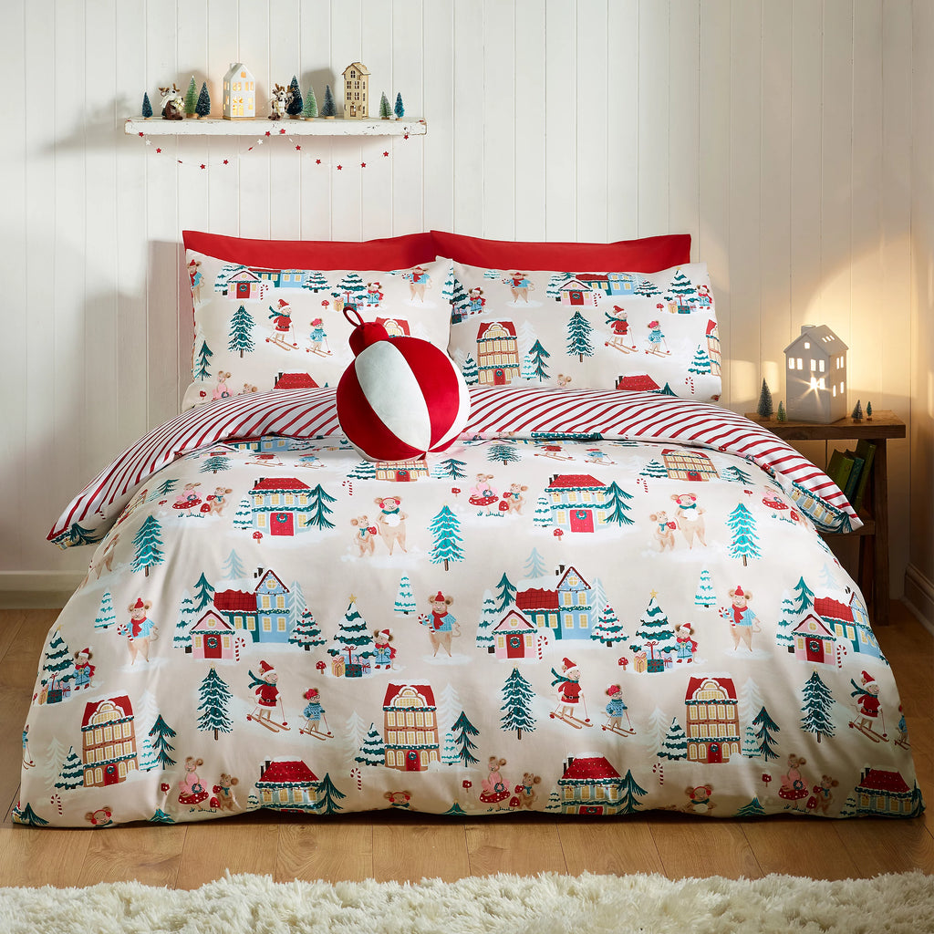 Catherine Lansfield Christmas Mouse Town festive mice duvet cover set