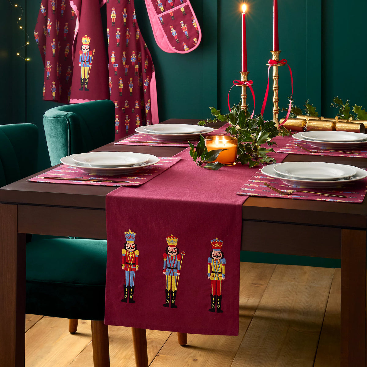 Catherine Lansfield Christmas Nutcracker Embroidered Cotton Table Runner in Plum