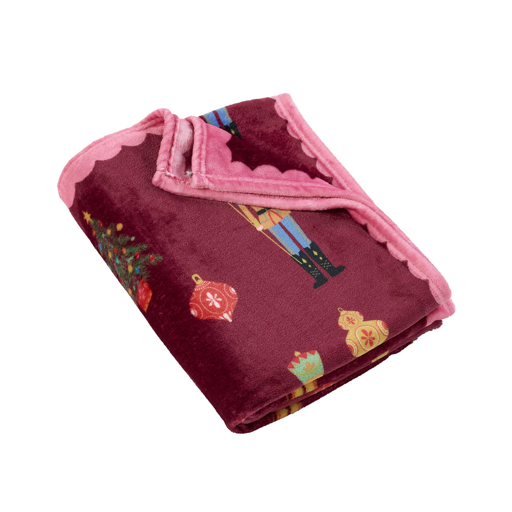 Catherine Lansfield Plum Teddy Christmas Nutcracker Cosy and Warm Fleece Throw