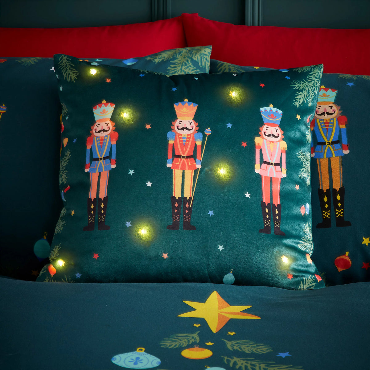 Catherine Lansfield Christmas Nutcracker Light Up Cushion Green 45x45cm