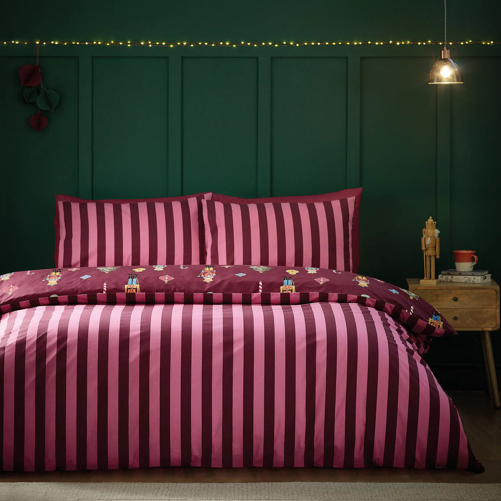 Catherine Lansfield Christmas Nutcracker Stripe Plum Duvet Cover Set