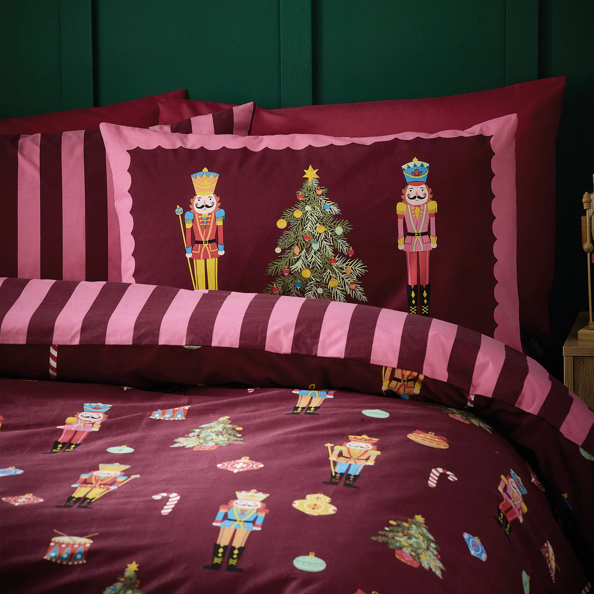 Catherine Lansfield Christmas Nutcracker Stripe Plum Duvet Cover Set