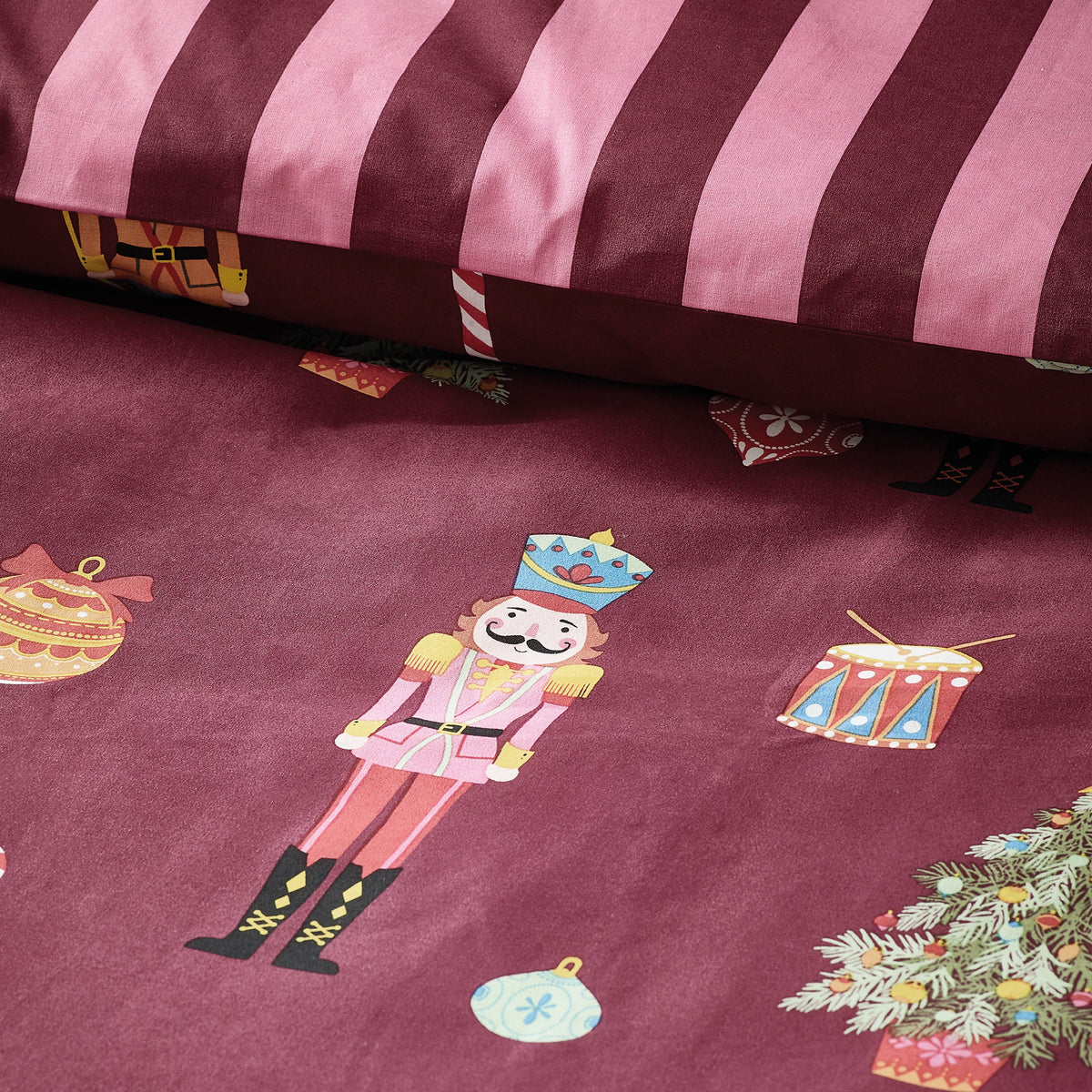 Catherine Lansfield Christmas Nutcracker Stripe Plum Duvet Cover Set