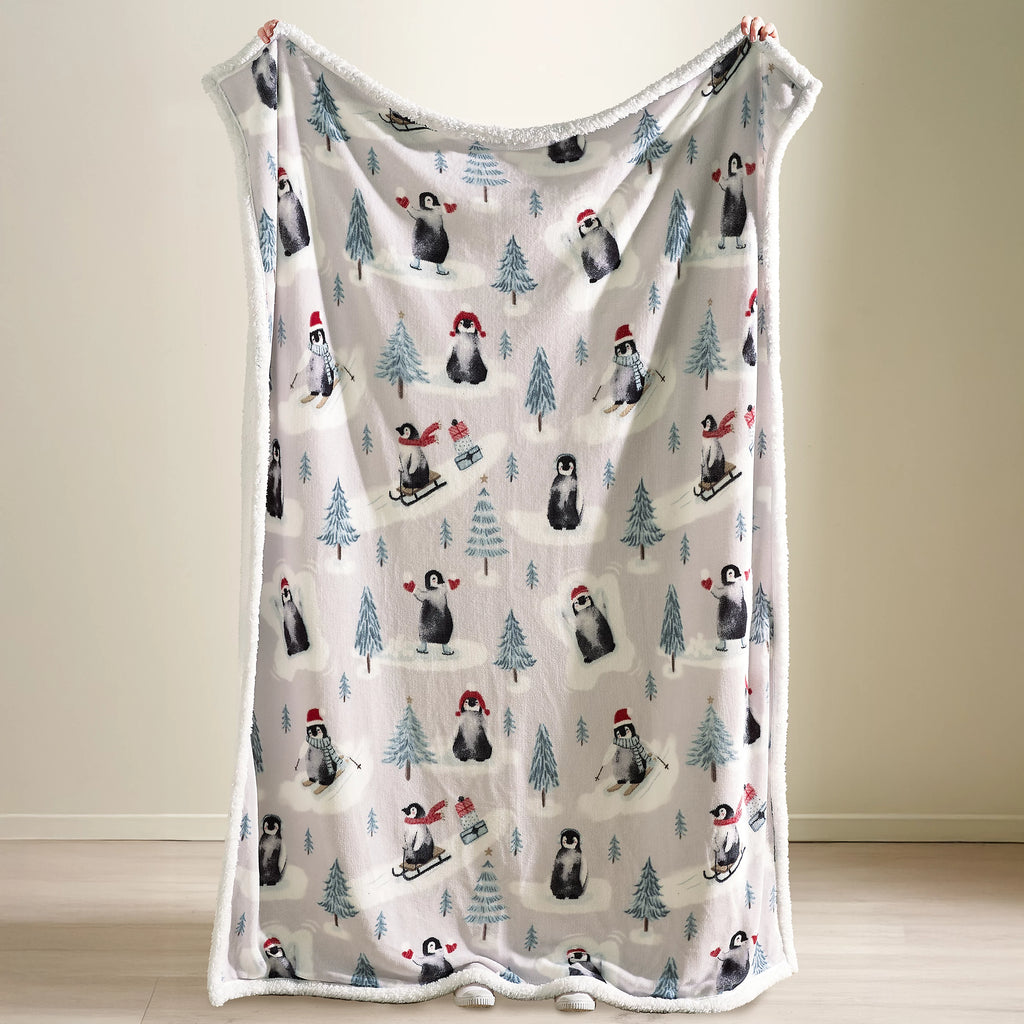 Catherine Lansfield Natural Christmas Sherpa Penguins Cosy Blanket Throw