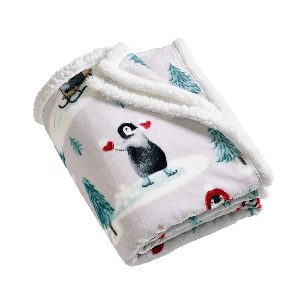 Catherine Lansfield Natural Christmas Sherpa Penguins Cosy Blanket Throw