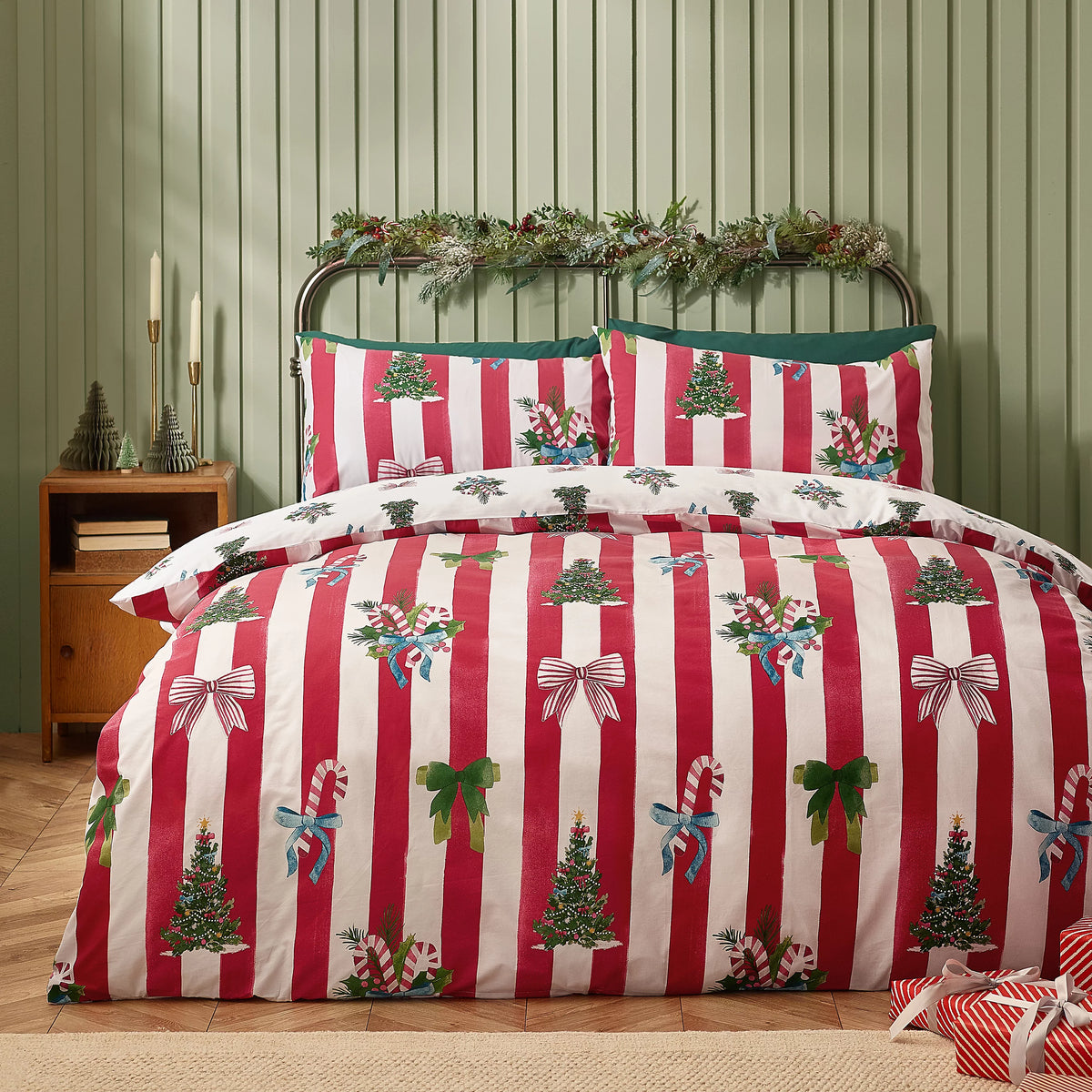 Catherine Lansfield Red Christmas Stripe Reversible Duvet Cover Set