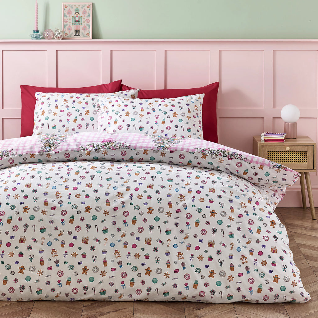 Catherine Lansfield Pink Christmas Sweets and Treats Reversible Duvet Cover Set