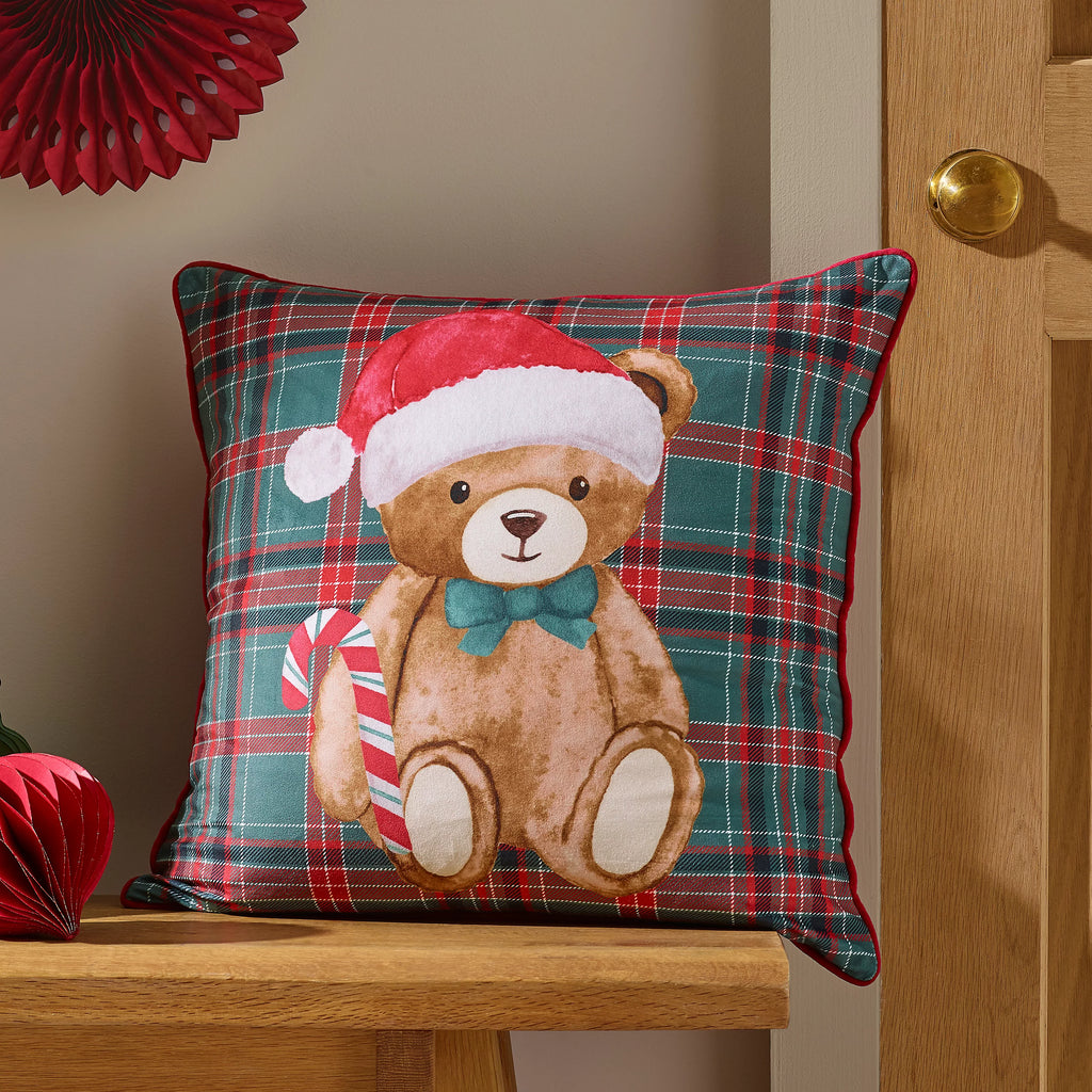 Catherine Lansfield Christmas Tartan Teddy Bear 45x45cm Cushion Green