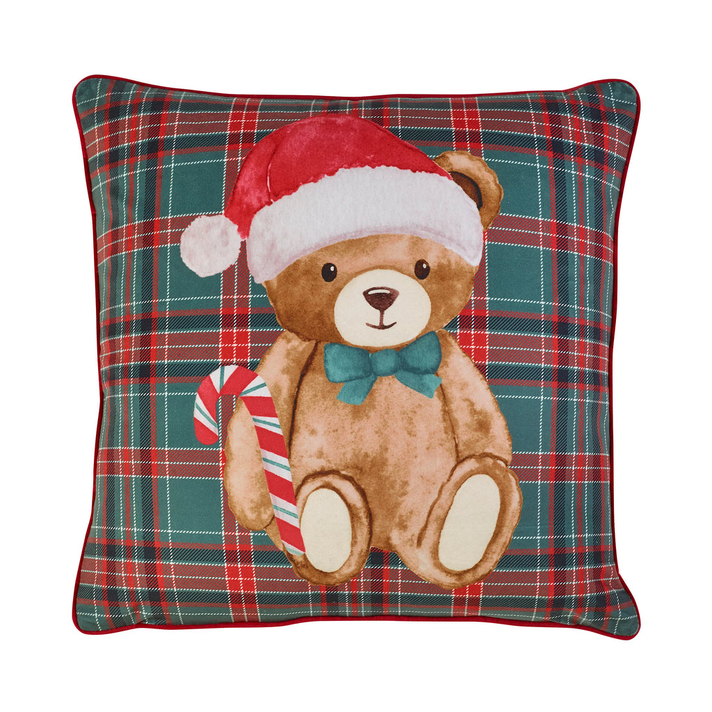 Catherine Lansfield Christmas Tartan Teddy Bear 45x45cm Cushion Green
