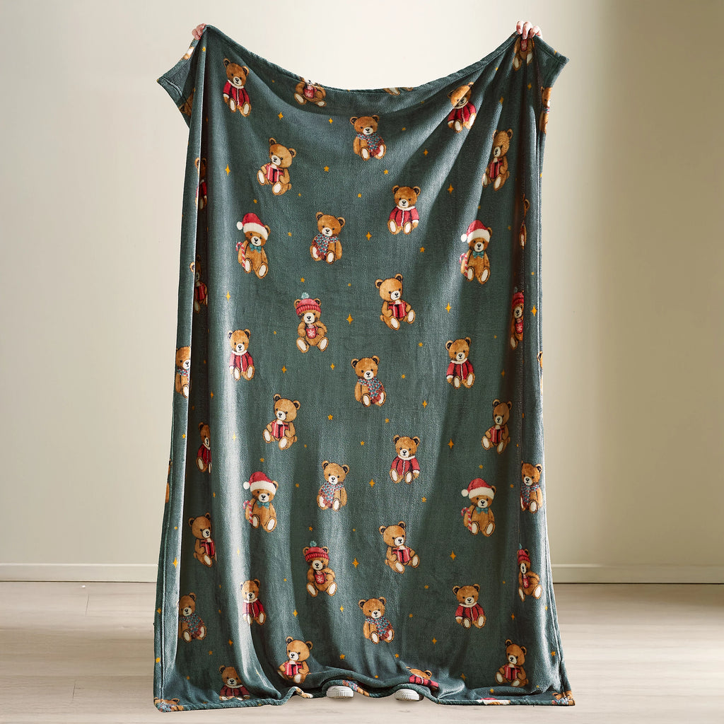 Catherine Lansfield Green Christmas Tartan Teddy Bear Fleece Blanket Throw