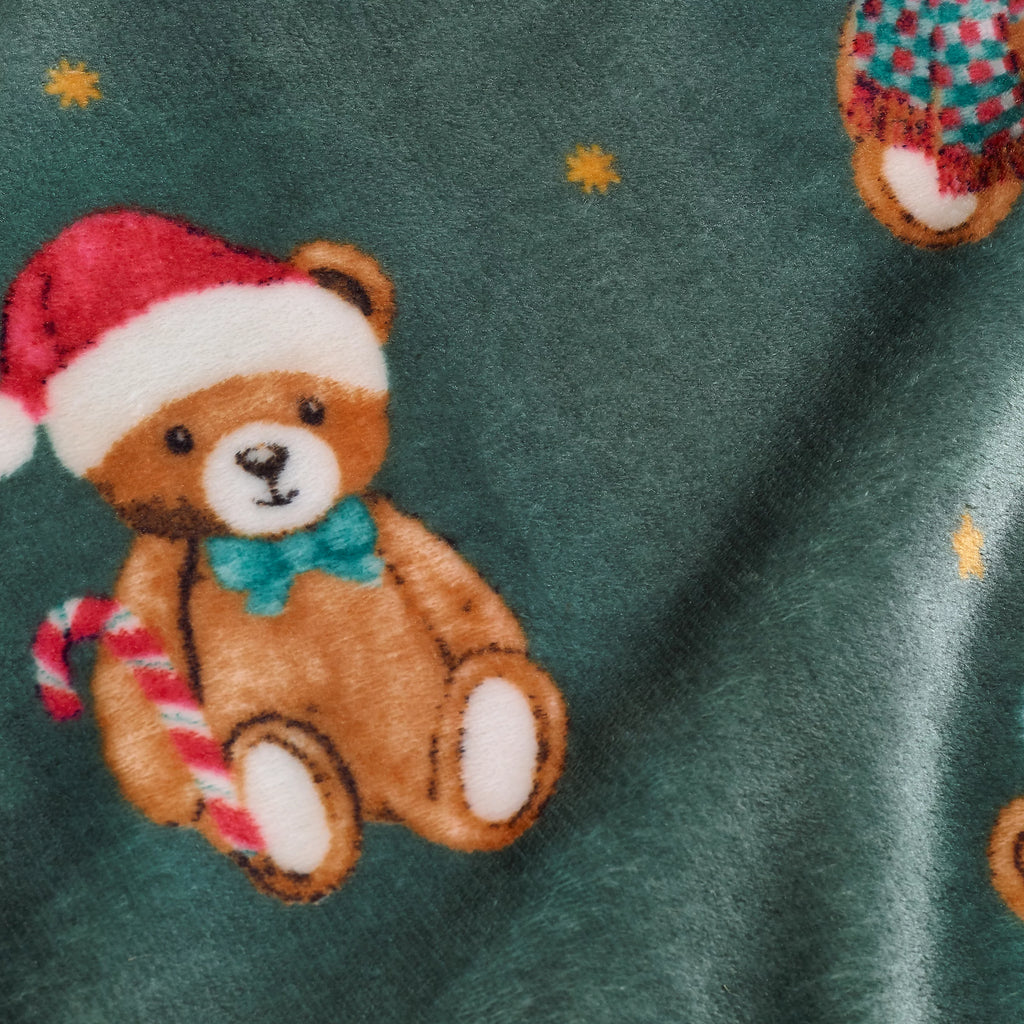 Catherine Lansfield Green Christmas Tartan Teddy Bear Fleece Blanket Throw