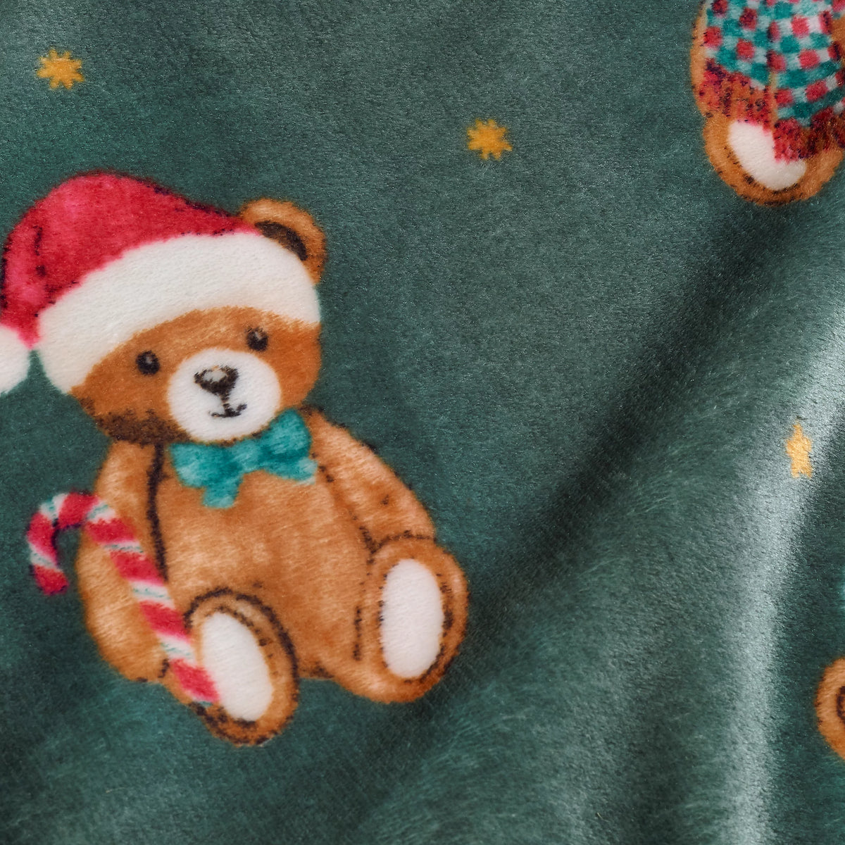 Catherine Lansfield Green Christmas Tartan Teddy Bear Fleece Blanket Throw