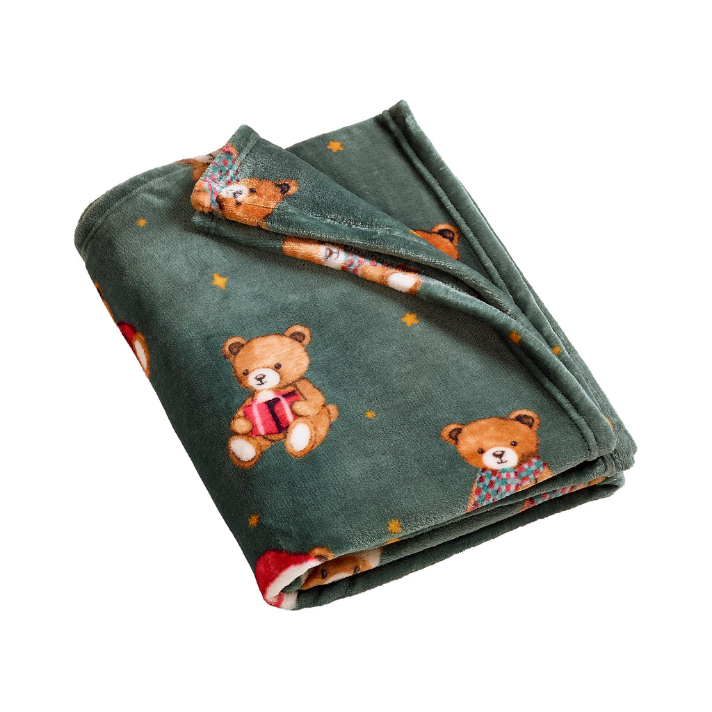 Catherine Lansfield Green Christmas Tartan Teddy Bear Fleece Blanket Throw