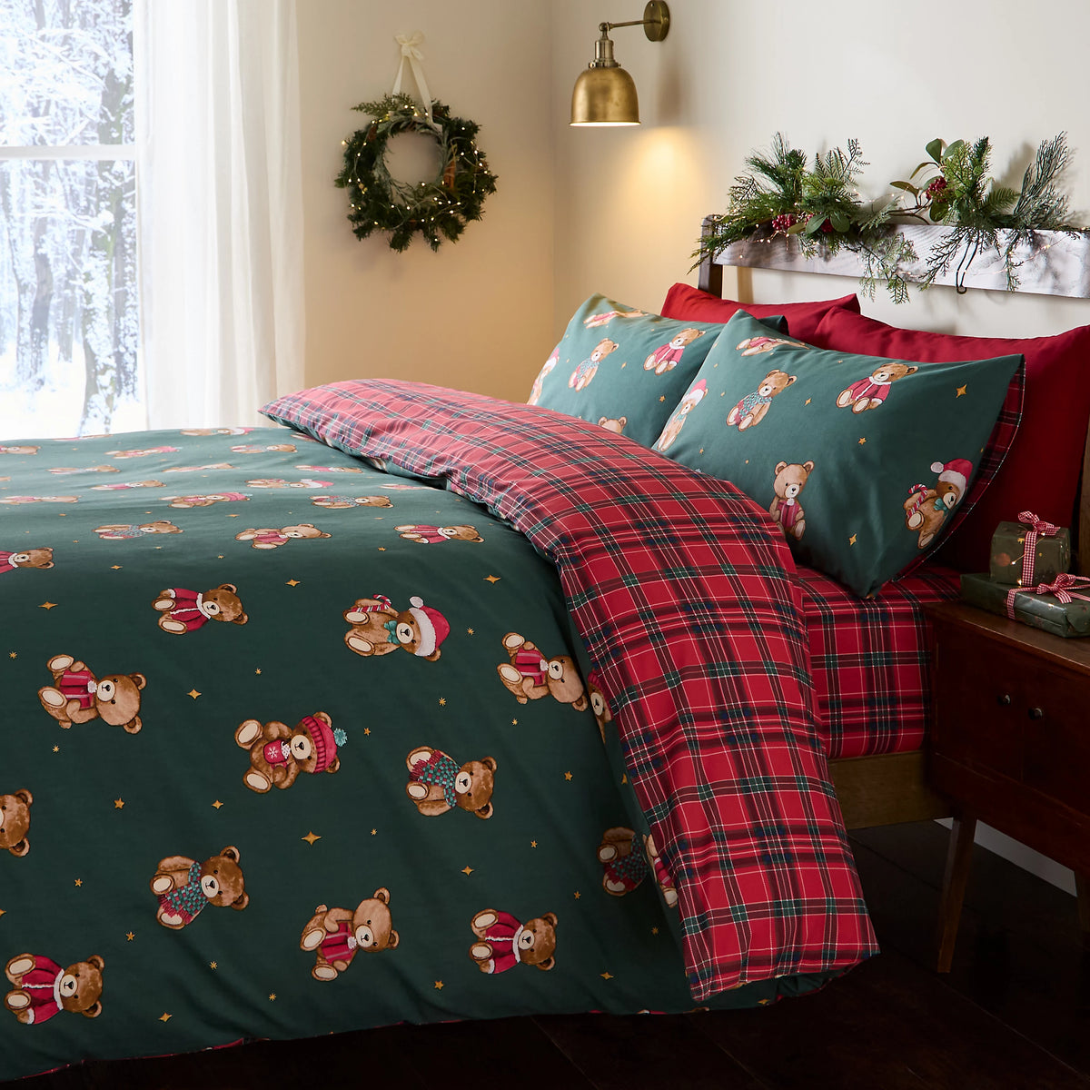 Catherine Lansfield Christmas Tartan Teddy Bear Duvet Cover Set