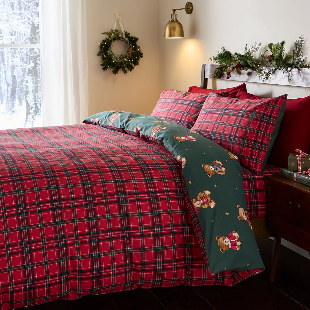 Catherine Lansfield Christmas Tartan Teddy Bear Duvet Cover Set