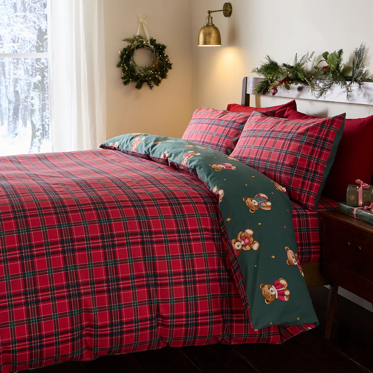 Catherine Lansfield Christmas Tartan Teddy Bear Duvet Cover Set