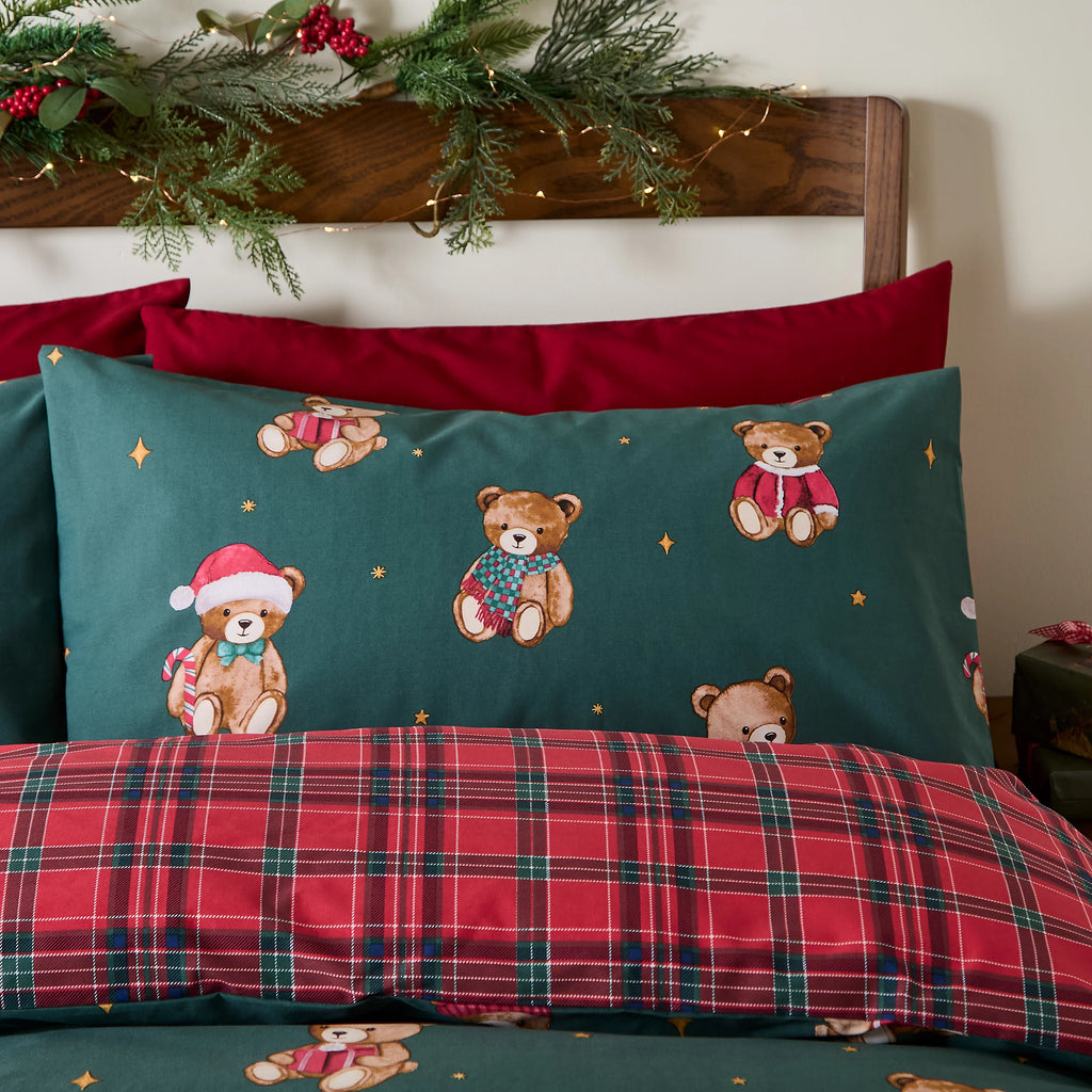 Catherine Lansfield Christmas Tartan Teddy Bear Duvet Cover Set