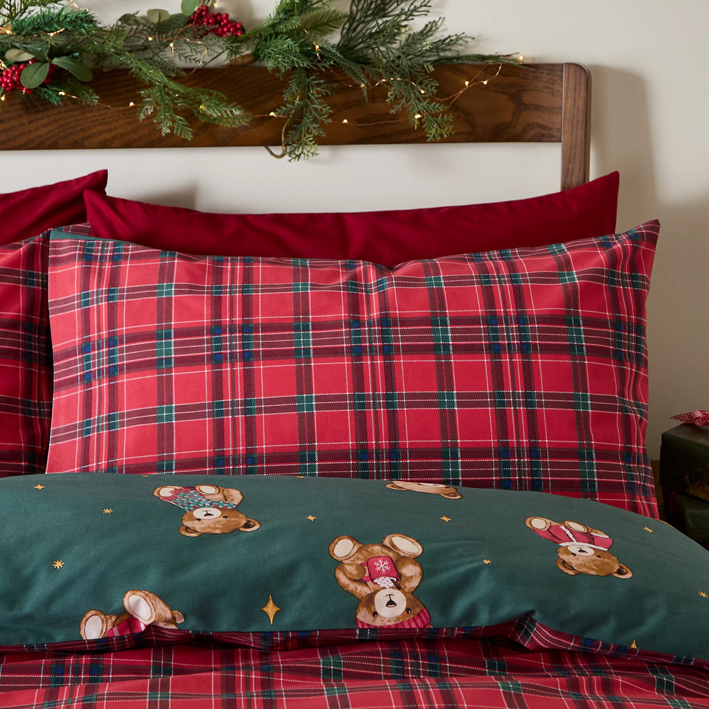 Catherine Lansfield Christmas Tartan Teddy Bear Duvet Cover Set