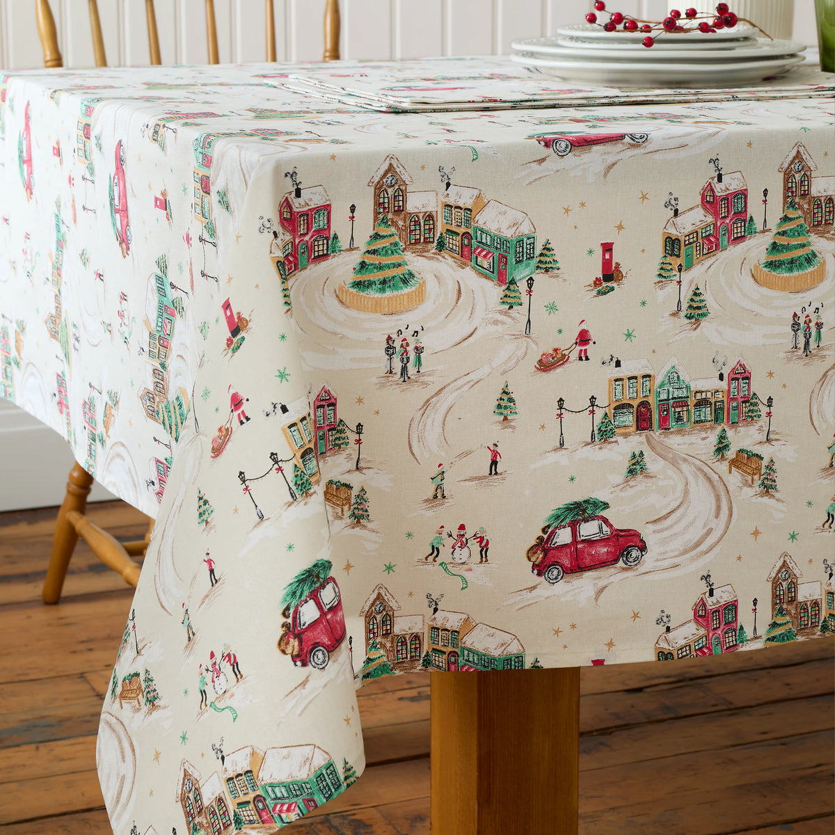 Catherine Lansfield Christmas Town Cotton Tablecloth in Natural