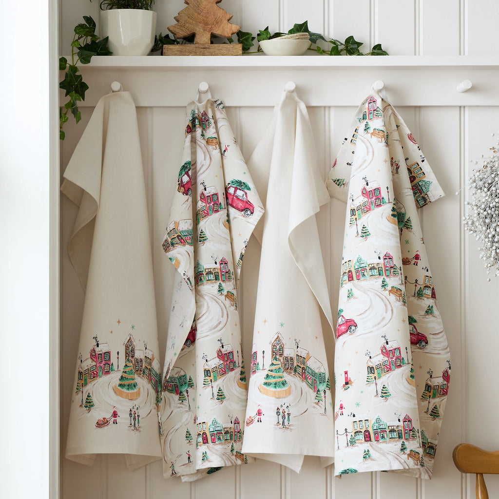 Catherine Lansfield Christmas Town Cotton Tea Towels 4 Pack in Natural