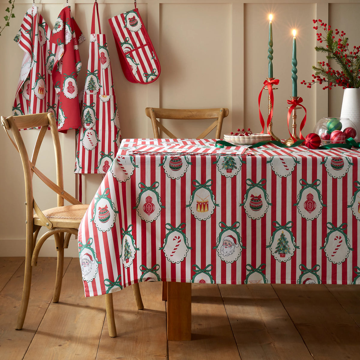 Catherine Lansfield Christmas Vintage Stripe Cotton Tablecloth in Red
