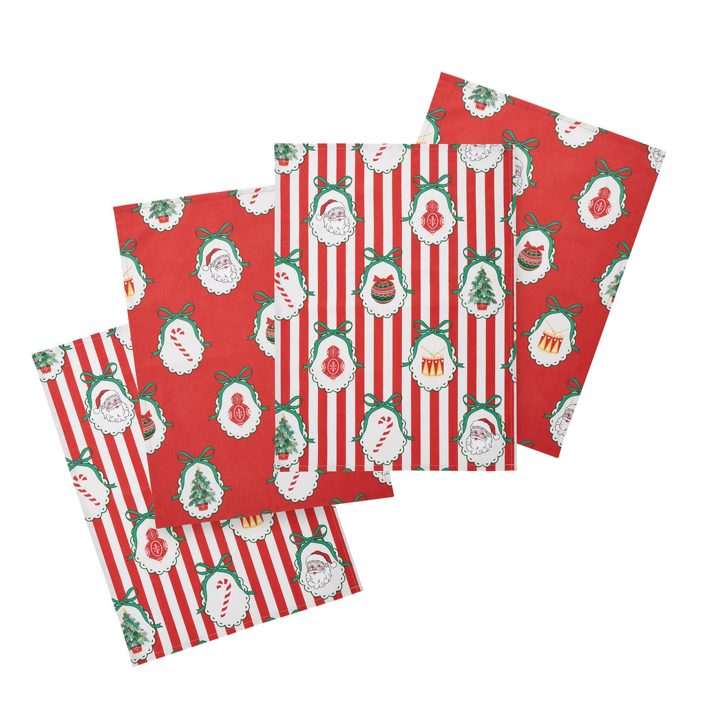 Catherine Lansfield Christmas Vintage Stripe Cotton Tea Towels 4 Pack in Red