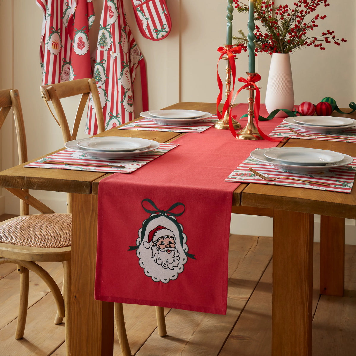 Catherine Lansfield Christmas Vintage Stripe Embroidered Cotton Table Runner in Red