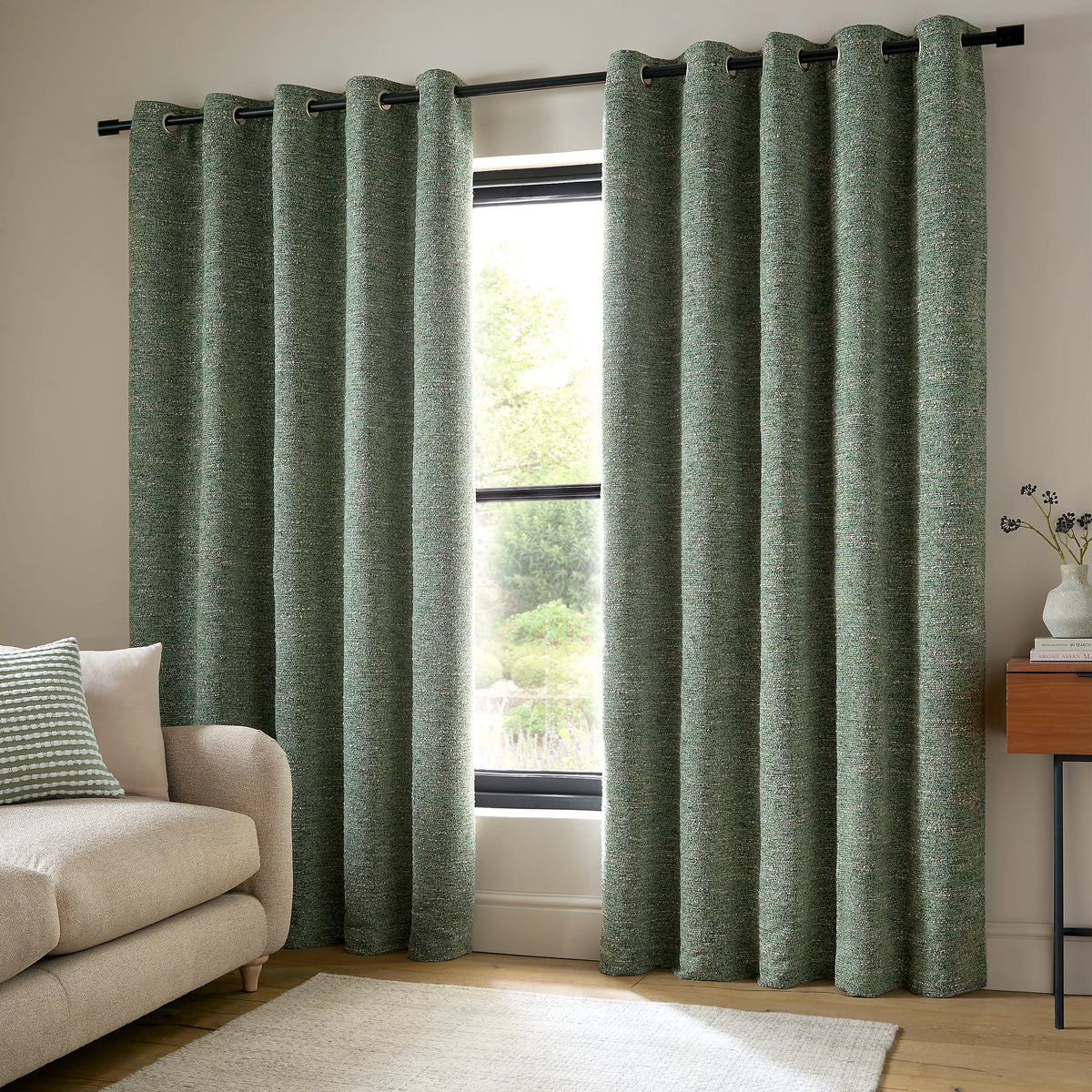 Catherine Lansfield Chunky Boucle Thermal Lined Eyelet Curtains in Green