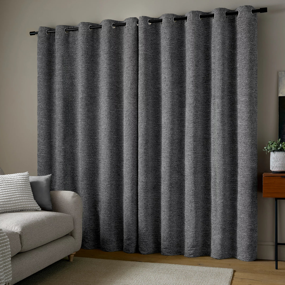 Catherine Lansfield Chunky Boucle Thermal Lined Eyelet Curtains in Charcoal Grey