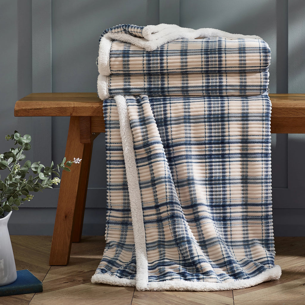 Catherine Lansfield Soft and Cosy Ribbed Check Sherpa Throw - Blue