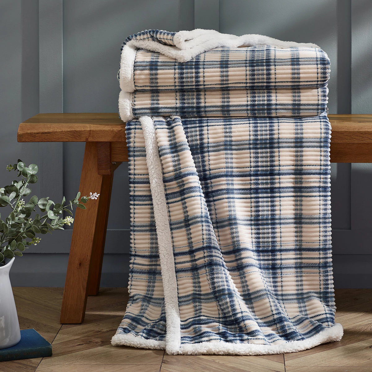 Catherine Lansfield Soft and Cosy Ribbed Check Sherpa Throw - Blue